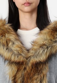 Γκρι ένδυμα με μαλακό, τεχνητό κολάρο από γούνα σε αποχρώσεις καφέ και ταυρότητας. Το κολάρο έχει μια υφή που δείχνει αφράτη.