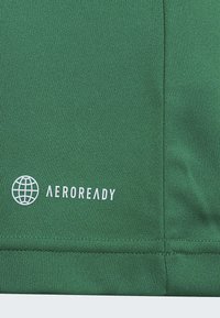 Tela verde con un acabado texturizado. Presenta el logo 'AEROREADY' y un gráfico de un globo en blanco. Se aprecian detalles de costura a lo largo del borde.