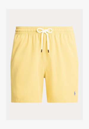 Yellow swim shorts with an elastic waistband and white drawstring. Features a small blue logo on the lower right side. Smooth texture.
