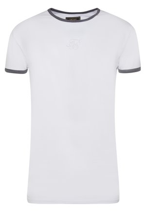 Biała bawełniana koszulka z szarym prążkowanym okrągłym dekoltem i wykończeniem rękawów. Na piersi subtelne haftowane logo. Krótkie rękawy.