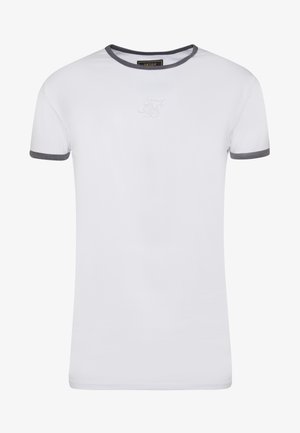 Weißes Baumwoll-T-Shirt mit grauem, geripptem Rundhalsausschnitt und Ärmelkanten. Mit einem dezenten, gestickten Logo auf der Brust. Kurzärmlig.