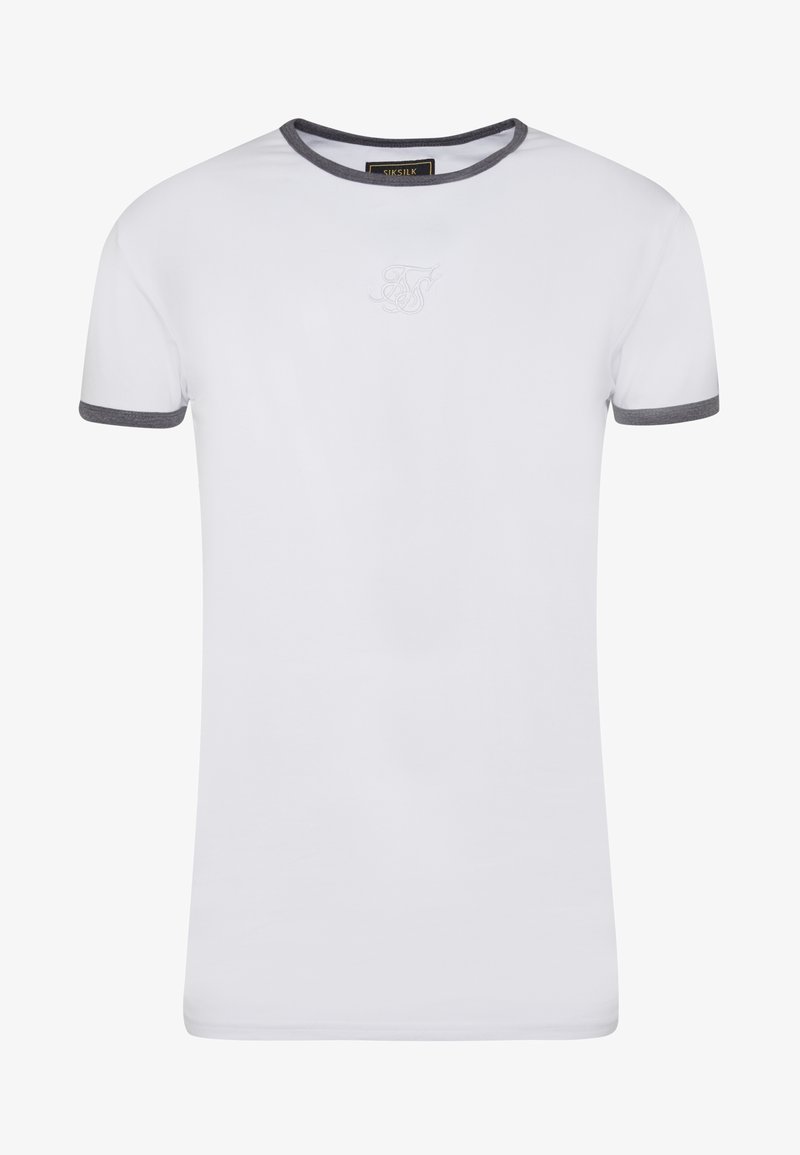 T-shirt en coton blanc avec col rond côtelé gris et bords de manches assortis. Présente un logo brodé subtil sur la poitrine. Manches courtes.