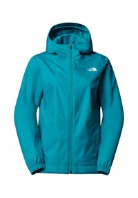Giacca impermeabile color turchese con zip frontale, cappuccio regolabile, polsini elasticizzati e il logo "The North Face" sulla parte superiore sinistra del petto.