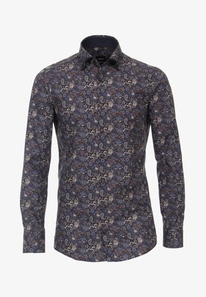 Koszula z długim rękawem w wzór paisley w kolorze granatowym, brązowym i kremowym. Wykonana z materiału o gładkiej fakturze, z zapięciem na guziki i kołnierzykiem.