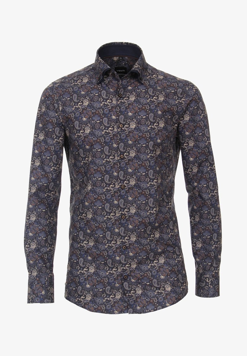 Koszula z długim rękawem w wzór paisley w kolorze granatowym, brązowym i kremowym. Wykonana z materiału o gładkiej fakturze, z zapięciem na guziki i kołnierzykiem.