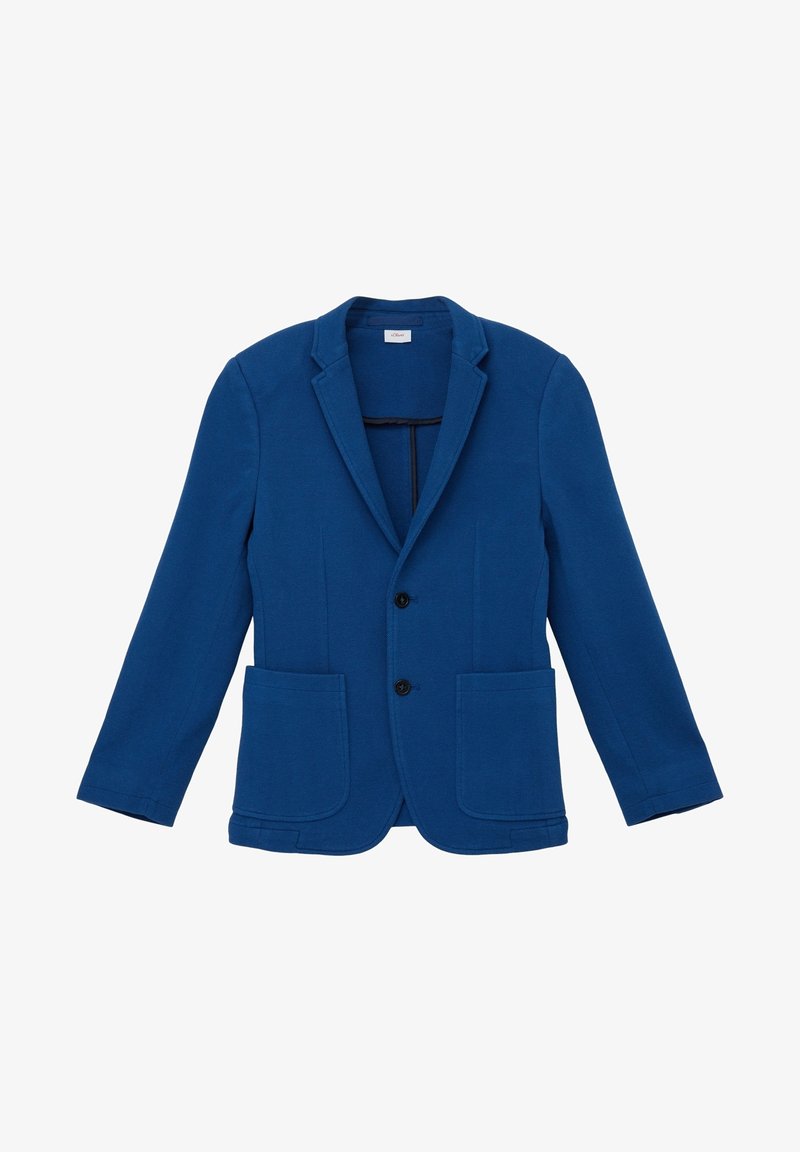 Blue blazer made of textured fabric, featuring a notched lapel, two front pockets, and two front buttons. Structured design with long sleeves.