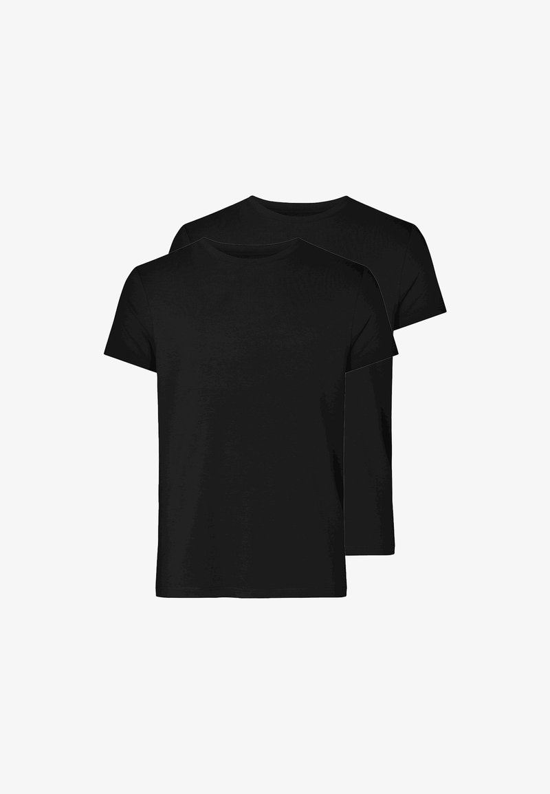 Two black crew-neck t-shirts stacked. Made of cotton, they feature short sleeves and a smooth, plain texture without patterns or accents.