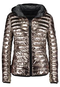 Giubbotto puffer metallico con cappuccio, caratterizzato da sezioni trapuntate orizzontali, zipper nera e polsini elasticizzati. Fodera interna di colore nero.