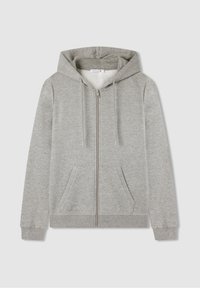Felpa grigia con zip realizzata in morbido fleece, dotata di cappuccio, due tasche frontali e polsini a coste. Design semplice senza motivi o abbellimenti visibili.
