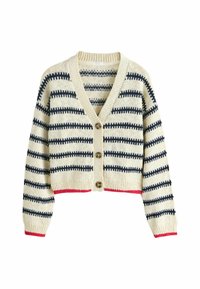 Lichtromige cardigan met marineblauwe strepen, v-hals en knoopsluiting. Heeft een geribde onderrand en manchetten met rode accenten. Breigoed textuur.