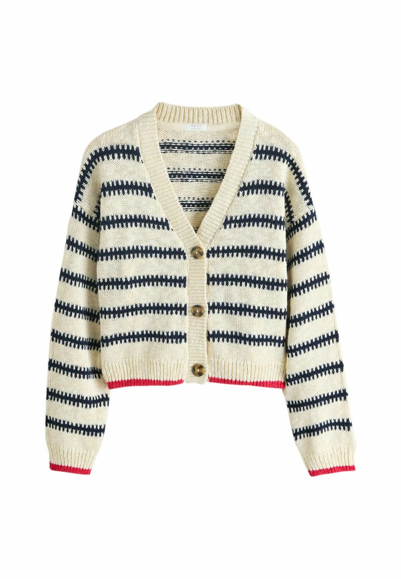 Lichtromige cardigan met marineblauwe strepen, v-hals en knoopsluiting. Heeft een geribde onderrand en manchetten met rode accenten. Breigoed textuur.