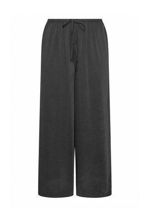 Zwarte, losse broek met een elastische tailleband; gemaakt van zachte, lichte stof; heeft een gladde textuur en wijdere benen.