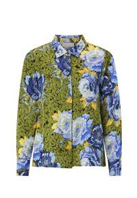 Ziedu pogājamā krekls ar zilas, zaļas un dzeltenas krāsas rakstu maisījumu, klasiski apģērbta apkakle un garas piedurknes. Teksturēts kokvilnas audums.