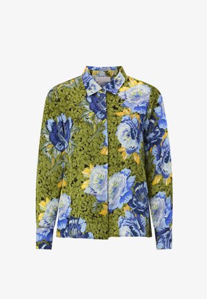 Srajca na gumbke z rožnatim vzorcem v modrih, zelenih in rumenih odtenkih, klasičnim ovratnikom in dolgimi rokavi. Teksturirana bombažna tkanina.