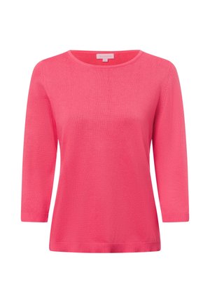 Roze trui met driekwartmouwen, een ronde hals en geribde manchetten. Lichtgewicht textuur met een iets losse pasvorm.