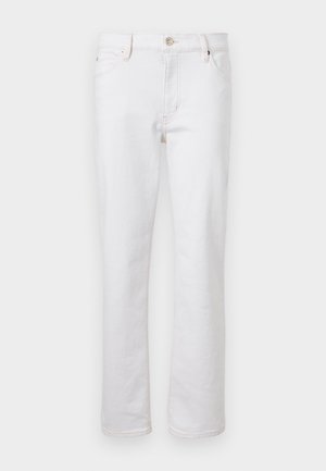 White denim jeans with straight leg cut, five-pocket design, light stitching, and silver button closure. Smooth texture and minimal detailing.