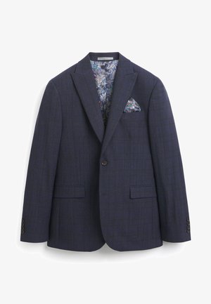 Blazer mit Marine-Muster, Spitzenkragen, einem Knopf und zwei Fronttaschen. Gefüttert mit einem Innenfutter im Paisleymuster und einer passenden Taschentuch.