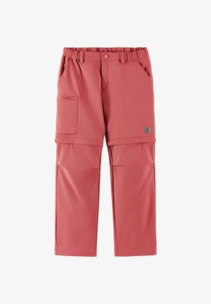 Dziecięce regulowane spodnie cargo w stonowanym czerwonym kolorze, z bocznymi kieszeniami, kieszenią na zamek, szlufkami na pasek oraz zapięciem na zatrzask.