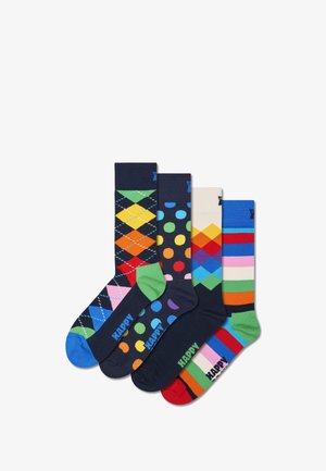Fünf Paar bunte Socken mit Mustern wie Argyle, Punkten und Streifen; aus Baumwolle; dunkelblau, rot, grün und mehrfarbige Akzente.