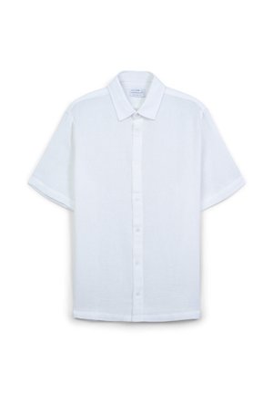 Weißes kurzärmliges Button-Up-Hemd aus strukturiertem Stoff, mit klassischem Kragen, vorderem Knopfverschluss und lockerer Passform.