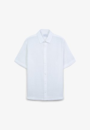 Weißes kurzärmliges Button-Up-Hemd aus strukturiertem Stoff, mit klassischem Kragen, vorderem Knopfverschluss und lockerer Passform.