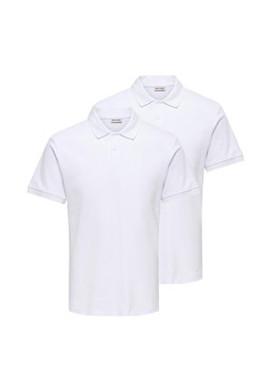 To ensfarvede hvide kortærmede poloshirts med kraver og knapstolper, vist side om side på hvid baggrund.