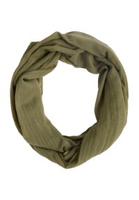Olivengrøn infinity tørklæde lavet af let stof; har et blødt, tekstureret udseende med et kontinuerligt loop-design.