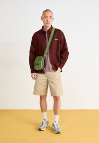 Camicia bordeaux a bottoni sopra una maglietta grigia, pantaloni corti khaki, borsa a tracolla verde e sneakers grigie con calze bianche, su uno sfondo giallo.