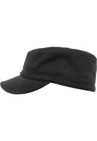 Casquette en tissu noir avec un bord plat et une bande structurée, présentant un motif en grille discret et des détails de couture soignés.