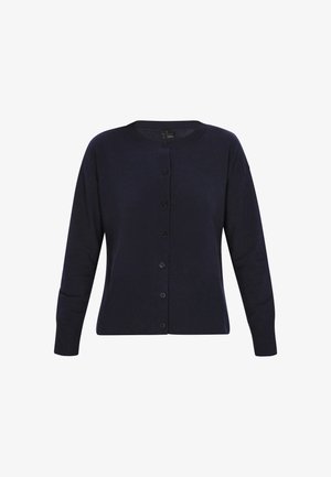 Dunkelblauer Cardigan mit Rundhalsausschnitt, langen Ärmeln und geripptem Knopfverschluss. Aus weichem Stoff mit glatter Textur hergestellt.