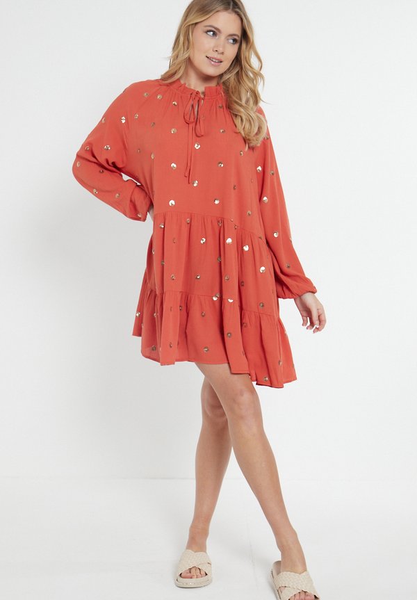 EMBELLISHED TIERED WITH TIE NECK - Day dress - rust3