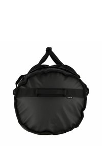 Schwarze runde Reisetasche aus strapazierfähigem Material mit glatter Oberfläche, ausgestattet mit doppelten Griffen und einem verstellbaren Trageriemen.