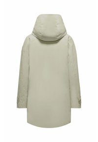 Licht beige parka met een capuchon, lange mouwen en een rechte snit. Minimalistisch ontwerp, met subtiele stiksels en knoopsluitingen aan de mouwen.