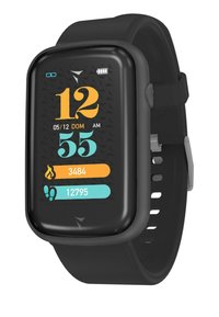 Schwarze Smartwatch mit rechteckigem Display. Verfügt über orangefarbene und türkisfarbene digitale Anzeigen für Zeit, Schritte und Kalorien. Gummiband.