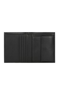 Schwarze Lederbörse mit mehreren Kartenfächern, einer glatten Textur und zwei zusätzlichen Taschen, ohne sichtbare Muster oder Hardwaredetails.