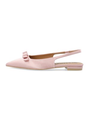 Hellrosa spitze flache Slingback-Schuh mit kleinem Absatz und dekorativer Doppel-Schleife auf der Spitze.