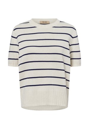 Kortærmet cremefarvet sweater med marineblå vandrette striber, rund hals, ribkant nederst og Mos Mosh-mærke inde i kraven.
