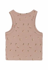 Canotta a coste di un delicato rosa chiaro con piccoli motivi floreali nei toni del verde, giallo e rosso. Presenta un design senza maniche e un collo rotondo.