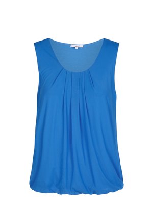 Blauwe mouwloze top van zacht stof, met een ronde halslijn en plooien aan de voorkant, met een losse, vloeiende vorm en een gerimpelde zoom.