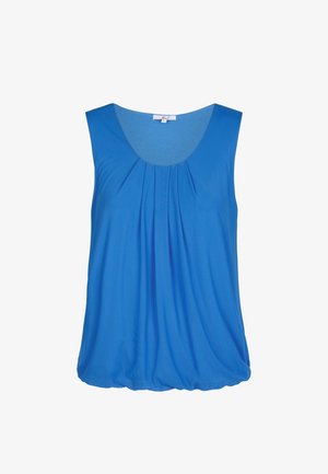 Blauwe mouwloze top van zacht stof, met een ronde halslijn en plooien aan de voorkant, met een losse, vloeiende vorm en een gerimpelde zoom.
