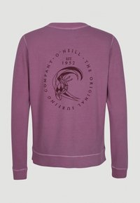 Fialová mikina s kulatým grafickým vzorem v černé barvě, s motivem surfingu a textem, včetně "O'Neill," "EST. 1952" a "The Original Surfing Company."