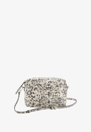 Leopard print crossbody bag in textured beige and black material. Features a rectangular shape, a detachable strap, and gold-tone hardware.