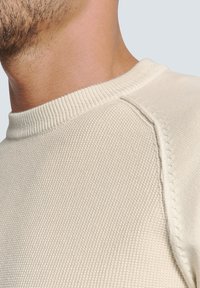 Beige gebreide trui met een geribde ronde halslijn, voorzien van een kenmerkende stikdetail langs de schoudernaad.
