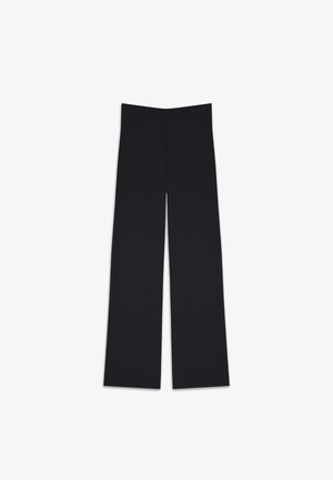 Black wide-leg trousers with a high waistband, made of smooth fabric. Features a clean design without visible fastenings or patterns.