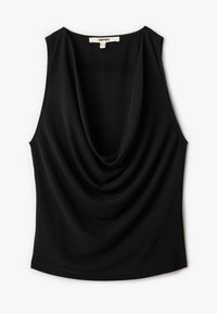 Top senza maniche nero con scollatura drappeggiata, realizzato in tessuto morbido, con una forma aderente e una leggera elasticità per il comfort.