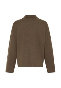 Veste marron à manches longues vue de dos, avec un col et un ourlet droit, présentée sur fond blanc.