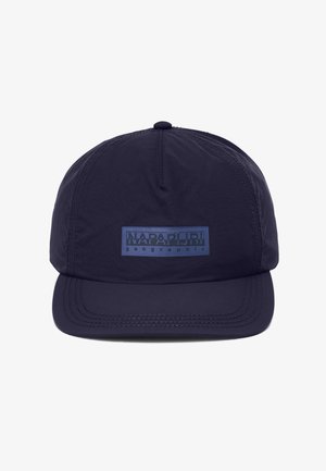 Dark blue cap with a stiff curved brim and a rectangular logo patch reading "NAPAPIJRI geographic" on the front center.