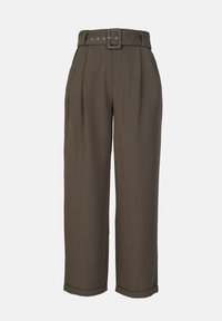 Pantalon marron à jambes larges avec une taille ceinturée, présentant des plis, une texture de tissu lisse et une longueur raccourcie.