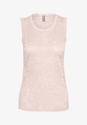 Rožinė nėriniuotė be rankovių maikutė su apvaliu iškirpimu, banguotais kraštais, gėlių raštu ir lengvu, tekstūruotu audiniu.