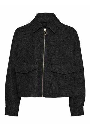 Tamsiai pilkas vilnos mišinuko švarkas, turintis apykaklę, priekines užtrauktuko uždarymo detales ir dvi dideles kišenes priekyje. Susiaurėjusi forma su apvadu ant rankovių.